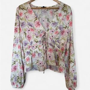 Express Floral Ruched Blouse Tie Front Size Large